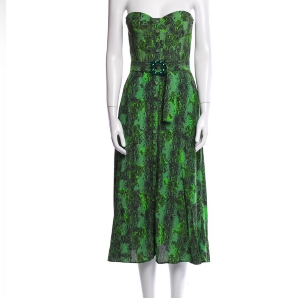 Rotate Birger Christensen Green strapless snake print bustier summer dress